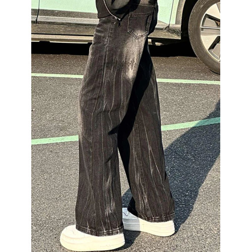 黑色閃電紋工裝牛仔褲男秋季美式高街紥染褲子直筒寬鬆彎刀微喇褲