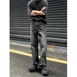 美式高街vintage水洗做舊拼接黑灰色牛仔褲男潮直筒微喇顯瘦褲子