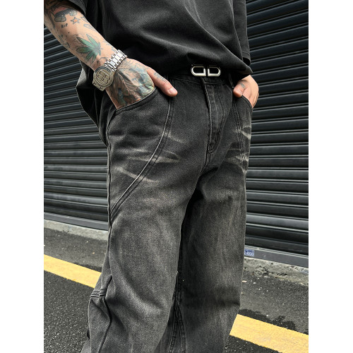 美式高街vintage水洗做舊拼接黑灰色牛仔褲男潮直筒微喇顯瘦褲子