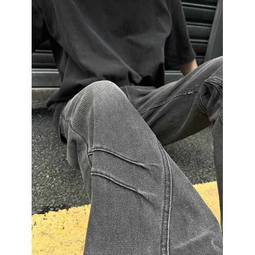 美式高街vintage水洗做舊拼接黑灰色牛仔褲男潮直筒微喇顯瘦褲子