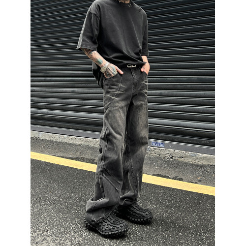 美式高街vintage水洗做舊拼接黑灰色牛仔褲男潮直筒微喇顯瘦褲子