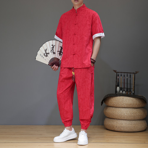 風夏季薄款盤釦兩件套男士復古改良漢服套裝暗紋提花立領襯衫