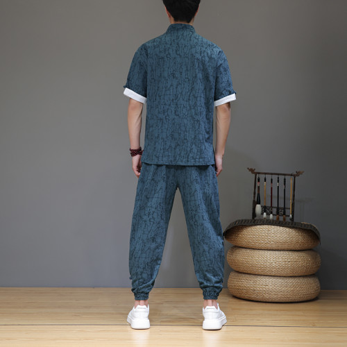 風夏季薄款盤釦兩件套男士復古改良漢服套裝暗紋提花立領襯衫