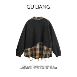 GU LIANG「設計師品牌」/男女同款/小衆假兩件撕裂風百搭情侶衛衣