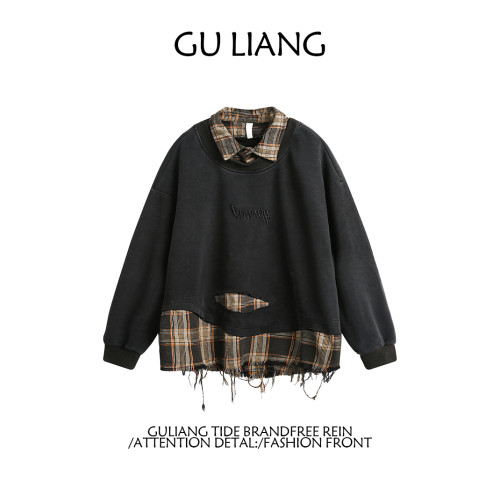 GU LIANG「設計師品牌」/男女同款/小衆假兩件撕裂風百搭情侶衛衣