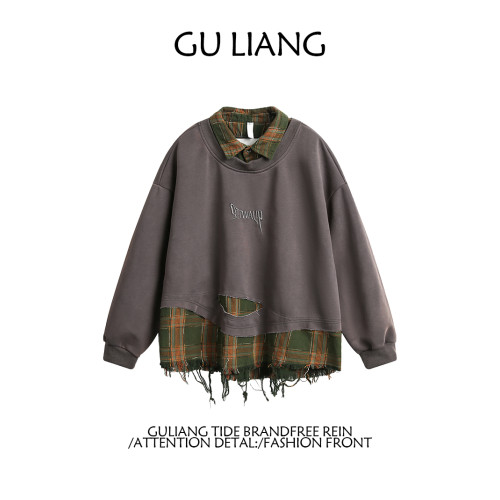 GU LIANG「設計師品牌」/男女同款/小衆假兩件撕裂風百搭情侶衛衣