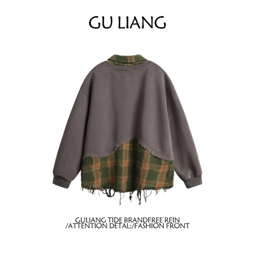 GU LIANG「設計師品牌」/男女同款/小衆假兩件撕裂風百搭情侶衛衣