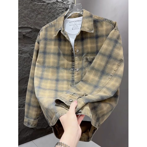 春秋款格子牛仔外套男款潮牌高級感2026新款寬鬆重磅夾克男美式潮