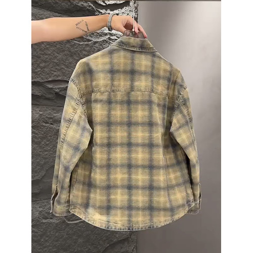 春秋款格子牛仔外套男款潮牌高級感2026新款寬鬆重磅夾克男美式潮