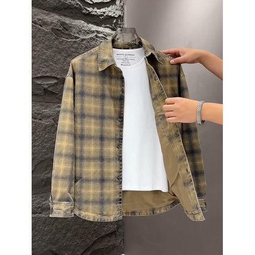 春秋款格子牛仔外套男款潮牌高級感2026新款寬鬆重磅夾克男美式潮