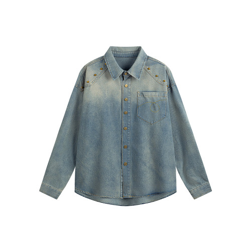 GPstudio美式復古水洗漸變柳釘牛仔襯衫男春季街頭設計感長袖襯衣