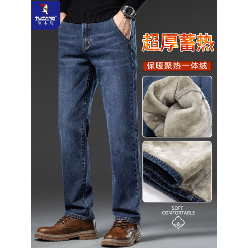 啄木鳥男士加絨加厚牛仔褲冬季超厚保暖寬鬆直筒長褲抗寒休閒褲子
