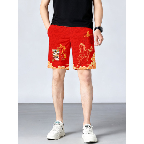 2026新款馬年過新年風福馬賀嵗速乾短褲子男士五分褲沙灘褲