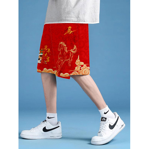 2026新款馬年過新年風福馬賀嵗速乾短褲子男士五分褲沙灘褲