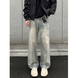 美式潑墨塗鴉微喇牛仔褲男冬季高街大碼褲子男士直筒寬鬆休閒長褲