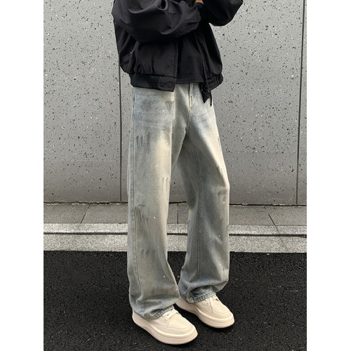 美式潑墨塗鴉微喇牛仔褲男夏季高街大碼褲子男士直筒寬鬆薄款長褲