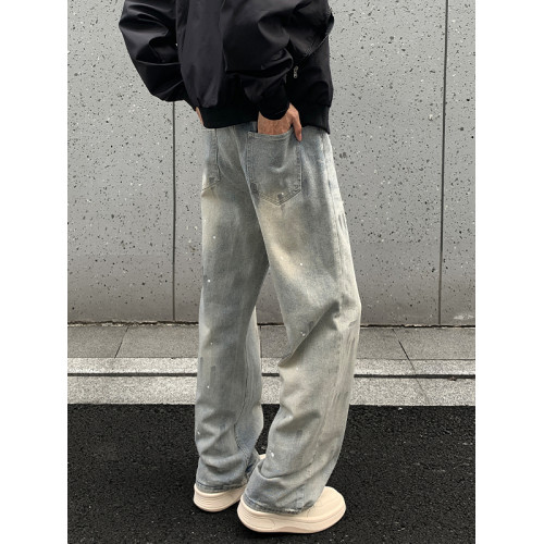 美式潑墨塗鴉微喇牛仔褲男夏季高街大碼褲子男士直筒寬鬆薄款長褲