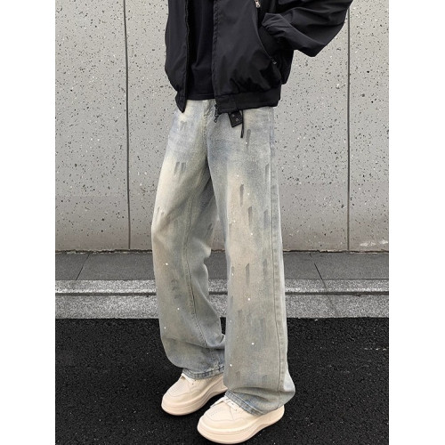 美式潑墨塗鴉微喇牛仔褲男夏季高街大碼褲子男士直筒寬鬆薄款長褲