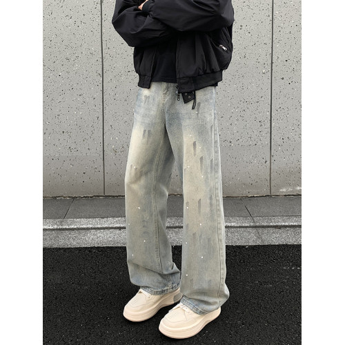 美式潑墨塗鴉微喇牛仔褲男夏季高街大碼褲子男士直筒寬鬆薄款長褲