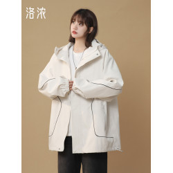 洛濃無性別秋季夾克外套男女連帽沖鋒防潑水純色寬鬆大碼高街學生