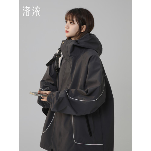洛濃無性別秋季夾克外套男女連帽沖鋒防潑水純色寬鬆大碼高街學生