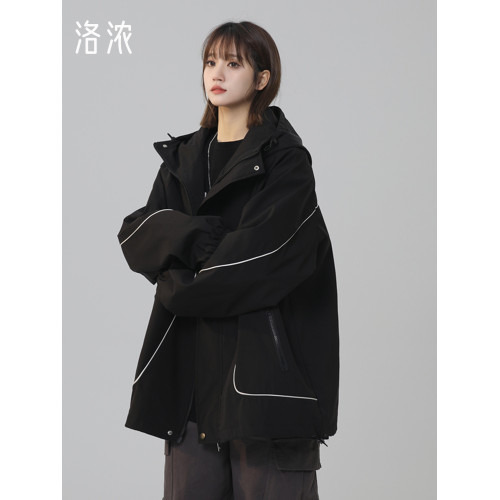 洛濃無性別秋季夾克外套男女連帽沖鋒防潑水純色寬鬆大碼高街學生