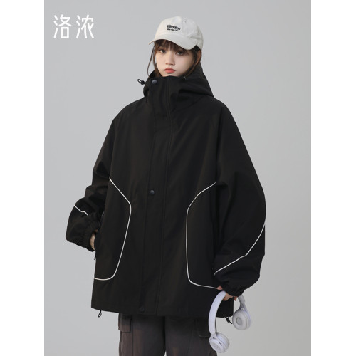 洛濃無性別秋季夾克外套男女連帽沖鋒防潑水純色寬鬆大碼高街學生