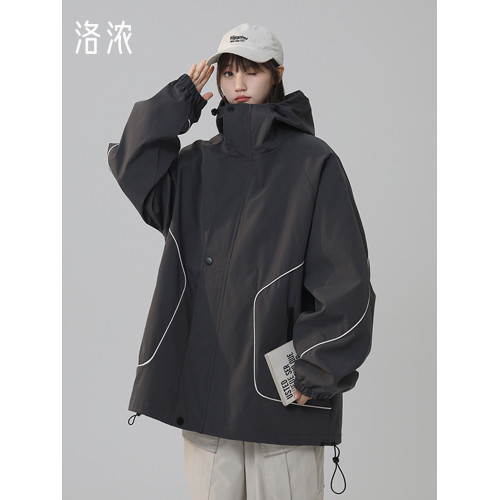 洛濃無性別秋季夾克外套男女連帽沖鋒防潑水純色寬鬆大碼高街學生