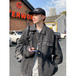 黑灰色牛仔外套男款潮牌高級感痞帥春秋季水洗重工牛仔衣工裝夾克