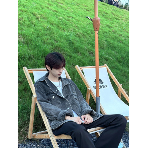 黑灰色牛仔外套男款潮牌高級感痞帥春秋季水洗重工牛仔衣工裝夾克