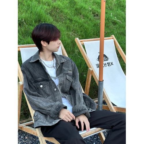 黑灰色牛仔外套男款潮牌高級感痞帥春秋季水洗重工牛仔衣工裝夾克