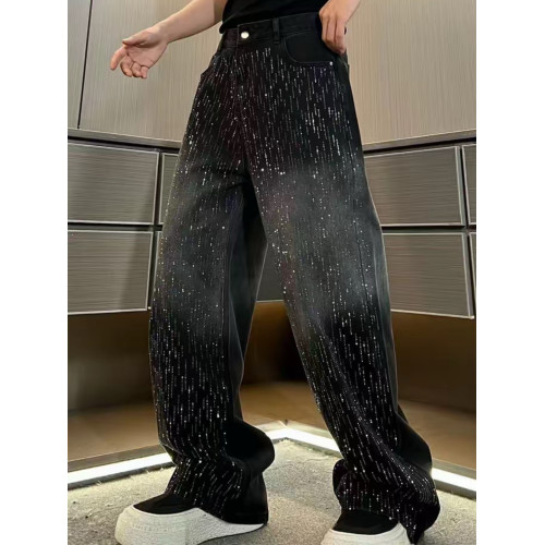 潮牌重工水洗漸變高貨滿鑽爆閃立體彎刀牛仔褲寬鬆休閒輕奢直筒褲