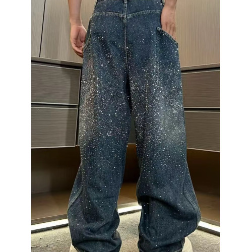 潮牌重工水洗漸變高貨滿鑽爆閃立體彎刀牛仔褲寬鬆休閒輕奢直筒褲