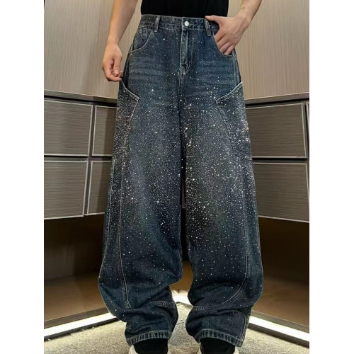 潮牌重工水洗漸變高貨滿鑽爆閃立體彎刀牛仔褲寬鬆休閒輕奢直筒褲