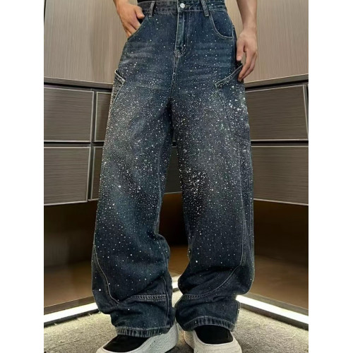 潮牌重工水洗漸變高貨滿鑽爆閃立體彎刀牛仔褲寬鬆休閒輕奢直筒褲