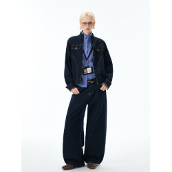 OEVB美式復古撞色牛仔外套男女短款顯瘦夾克套裝直筒高級感牛仔褲