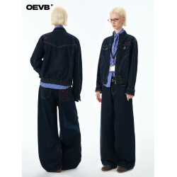 OEVB美式復古撞色牛仔外套男女短款顯瘦夾克套裝直筒高級感牛仔褲