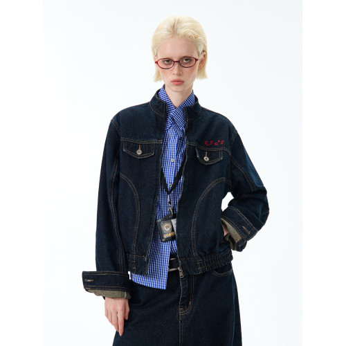 OEVB美式復古撞色牛仔外套男女短款顯瘦夾克套裝直筒高級感牛仔褲