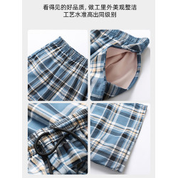 爸爸裝純棉松緊腰家居短褲男士格子五分褲薄款休閒睡褲夏季大褲衩