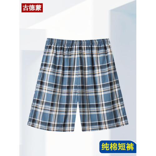 爸爸裝純棉松緊腰家居短褲男士格子五分褲薄款休閒睡褲夏季大褲衩