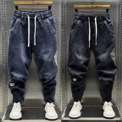 特大碼300斤哈倫牛仔褲男士秋冬復古工裝拼接寬鬆休閒束腳蘿蔔褲2