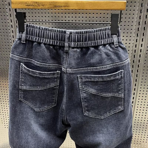 特大碼300斤哈倫牛仔褲男士秋冬復古工裝拼接寬鬆休閒束腳蘿蔔褲2