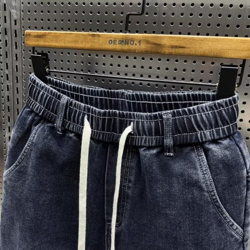 特大碼300斤哈倫牛仔褲男士秋冬復古工裝拼接寬鬆休閒束腳蘿蔔褲2