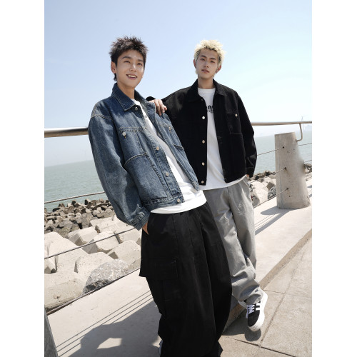 GOGOSOON外套男2025新款春秋牛仔夾克情侶美式復古水洗潮流寬鬆