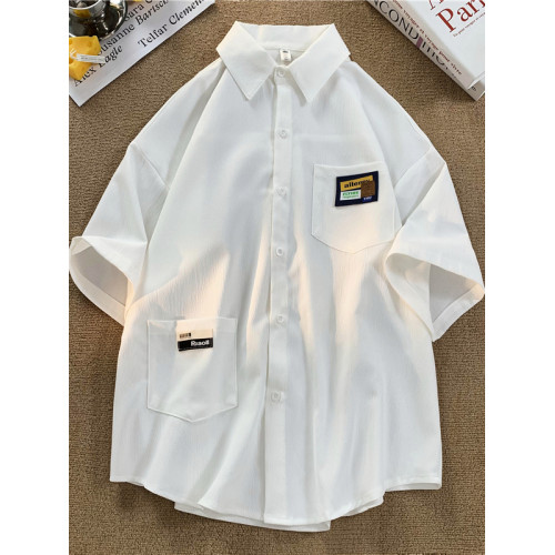 美式潮牌冰絲短袖襯衣男夏季復古百搭加肥加大碼寬鬆胖子半袖襯衫