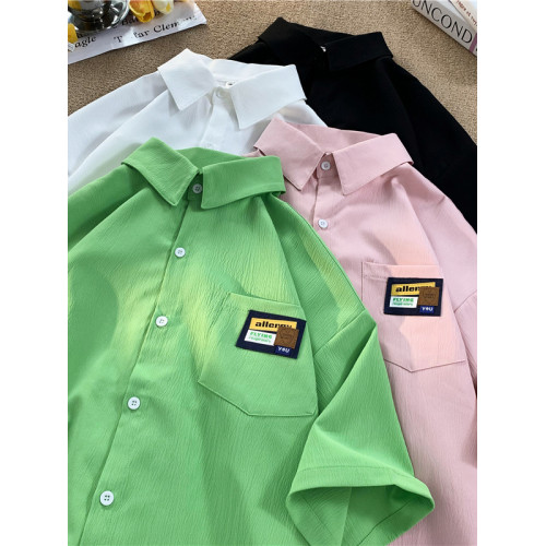 美式潮牌冰絲短袖襯衣男夏季復古百搭加肥加大碼寬鬆胖子半袖襯衫