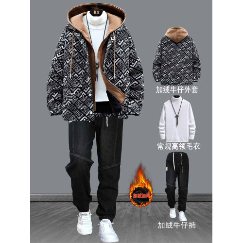 青少年牛仔套裝男士春秋冬季新款外套高初中學生潮流帥氣加絨加厚