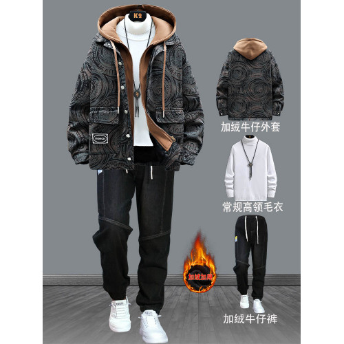 青少年牛仔套裝男士春秋冬季新款外套高初中學生潮流帥氣加絨加厚