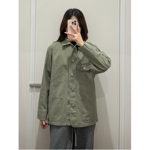 ^棵米0素家男女休閒全棉繙領寬鬆口袋工裝長袖外套夾克上衣483819