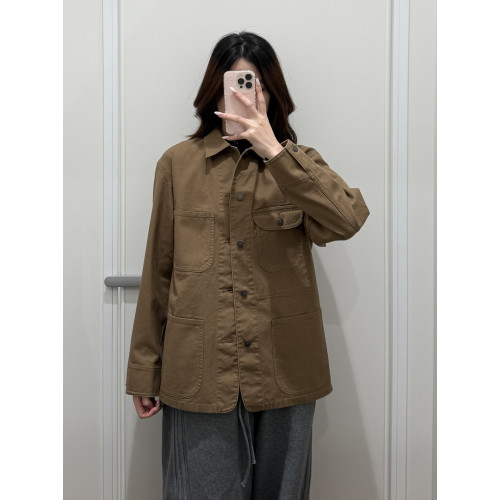 ^棵米0素家男女休閒全棉繙領寬鬆口袋工裝長袖外套夾克上衣483819